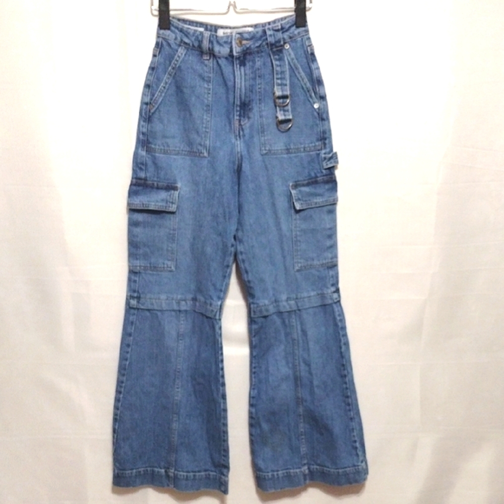 Social Tourist L.A Ultra High-Rise Cargo Flare Jeans W25 Utility Style Denim